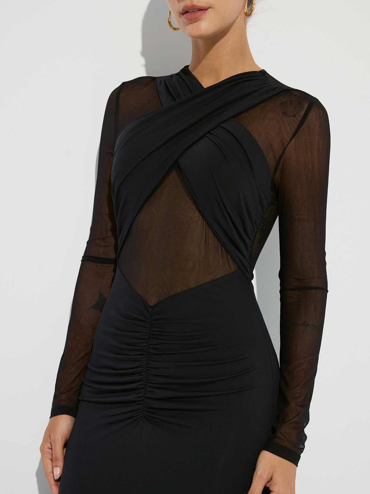 Cross-Front Ruched Mesh Paneled Maxi Dress-Chicvia