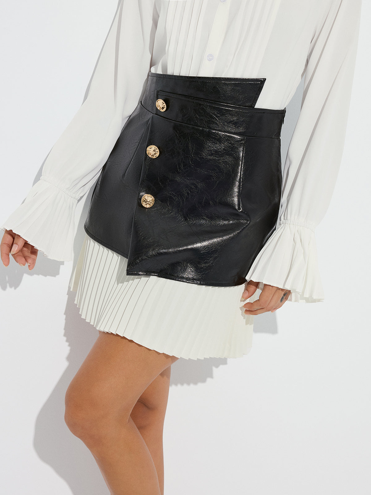Pleated Panel Faux Leather Asymmetric Mini Skirt-Chicvia
