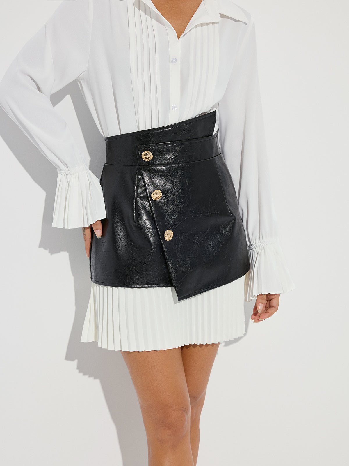 Pleated Panel Faux Leather Asymmetric Mini Skirt-Chicvia