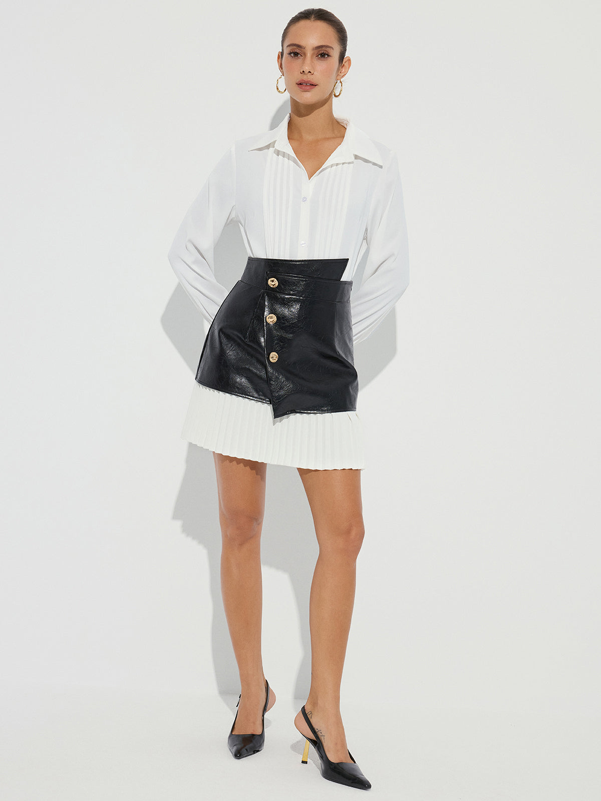 Pleated Panel Faux Leather Asymmetric Mini Skirt-Chicvia