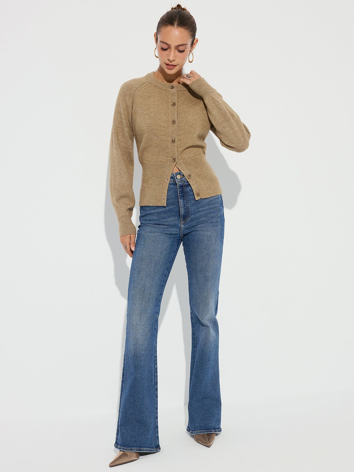 Cinched Waist Knit Cardigan-Chicvia