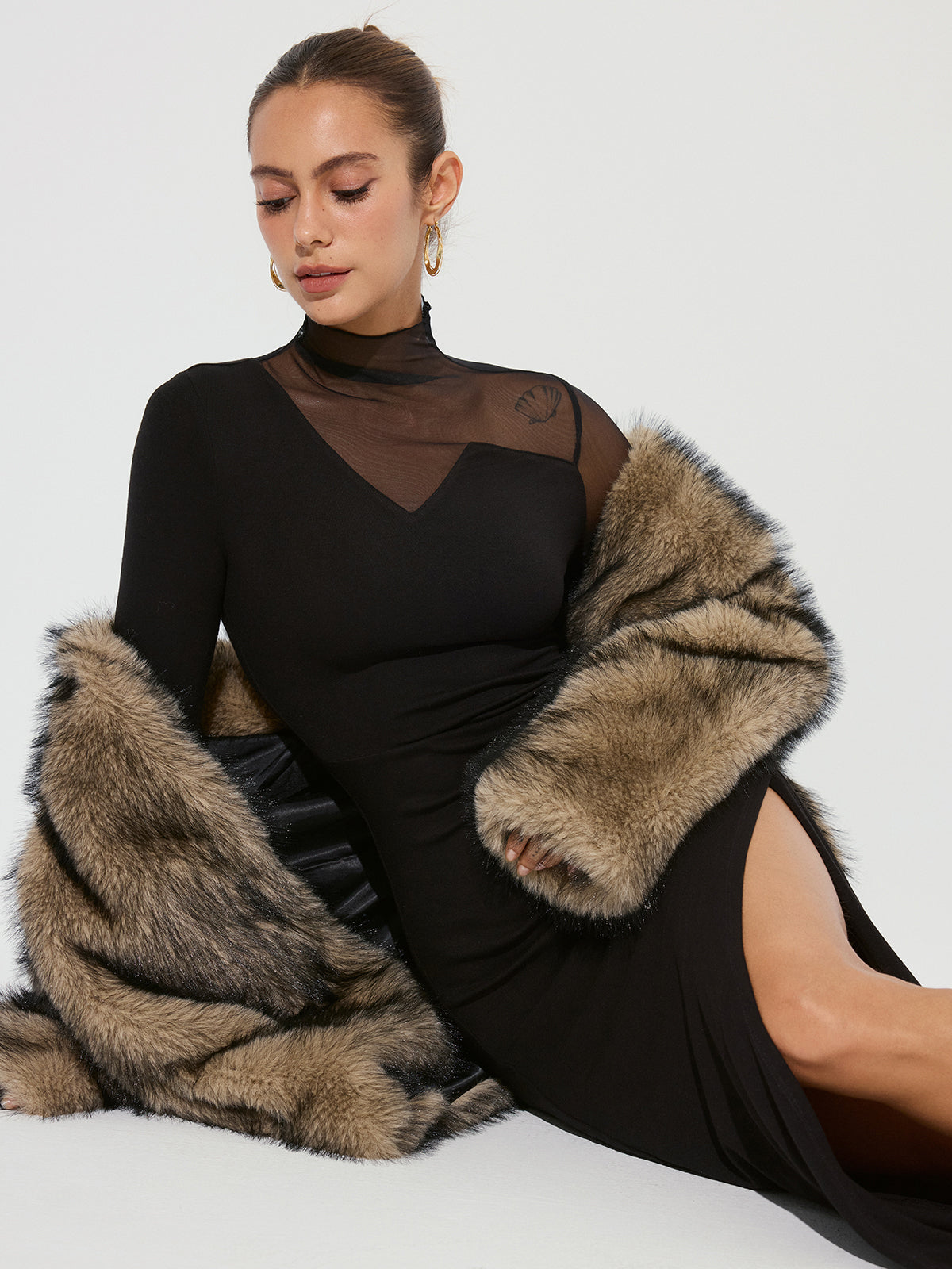 High Slit Ruched Mesh Panel Maxi Dress-Chicvia