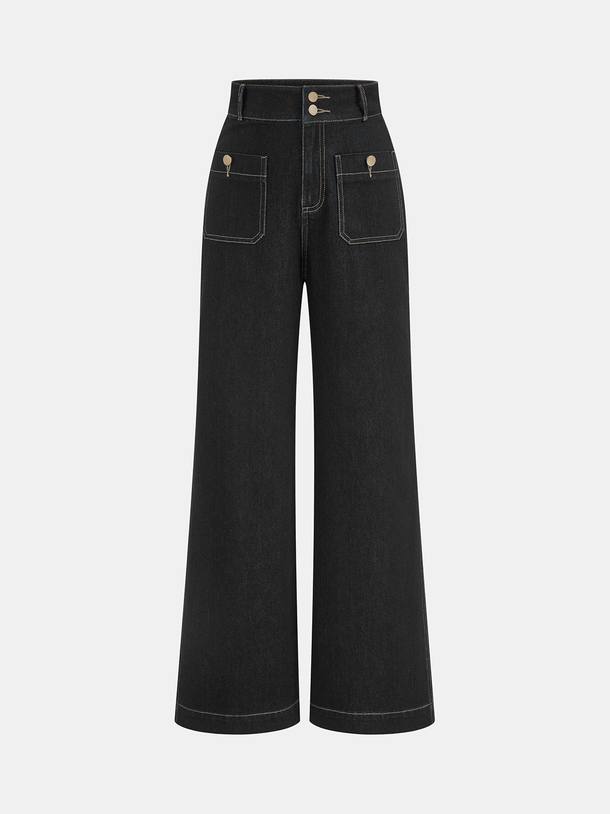 High-Waisted Double-Button Straight-Leg Denim Pants-Chicvia