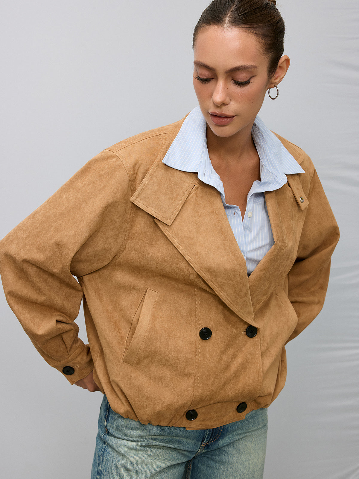 Double-Breasted Suede Effect Trench Coat-Chicvia