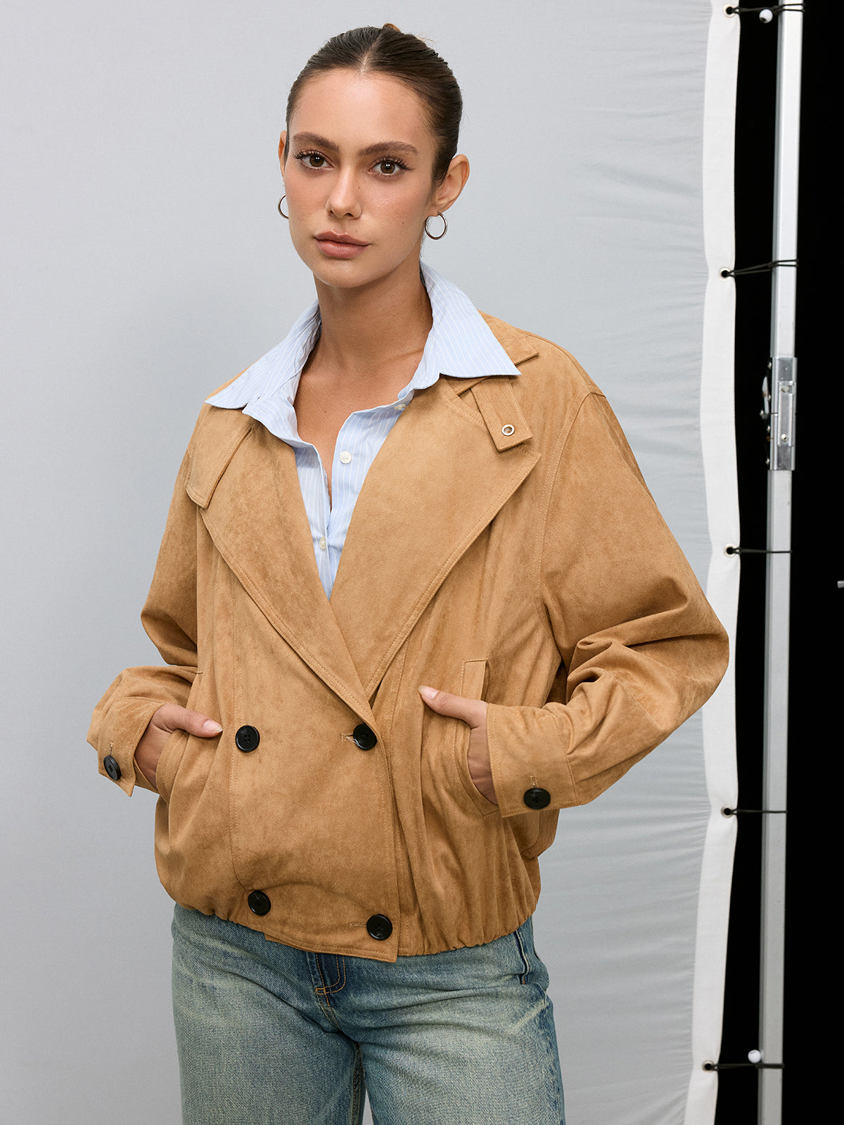 Double-Breasted Suede Effect Trench Coat-Chicvia