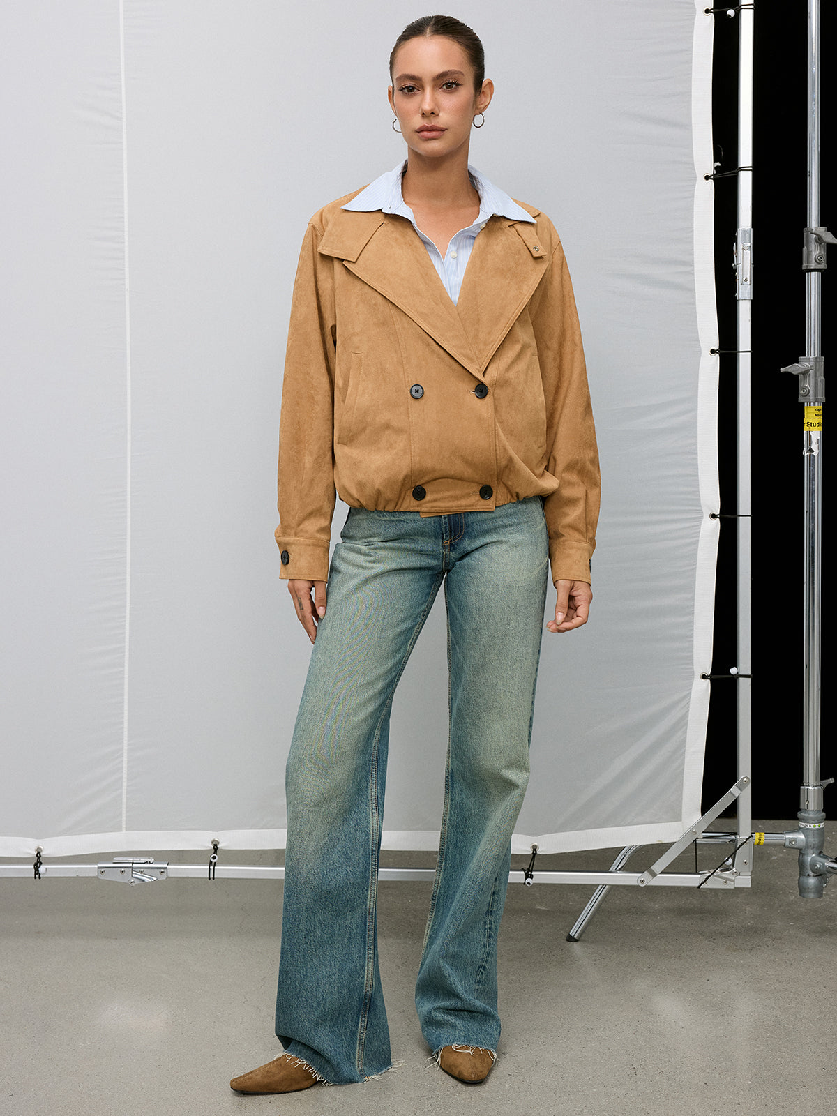 Double-Breasted Suede Effect Trench Coat-Chicvia