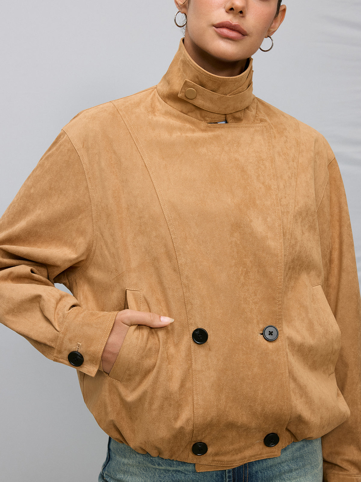 Double-Breasted Suede Effect Trench Coat-Chicvia