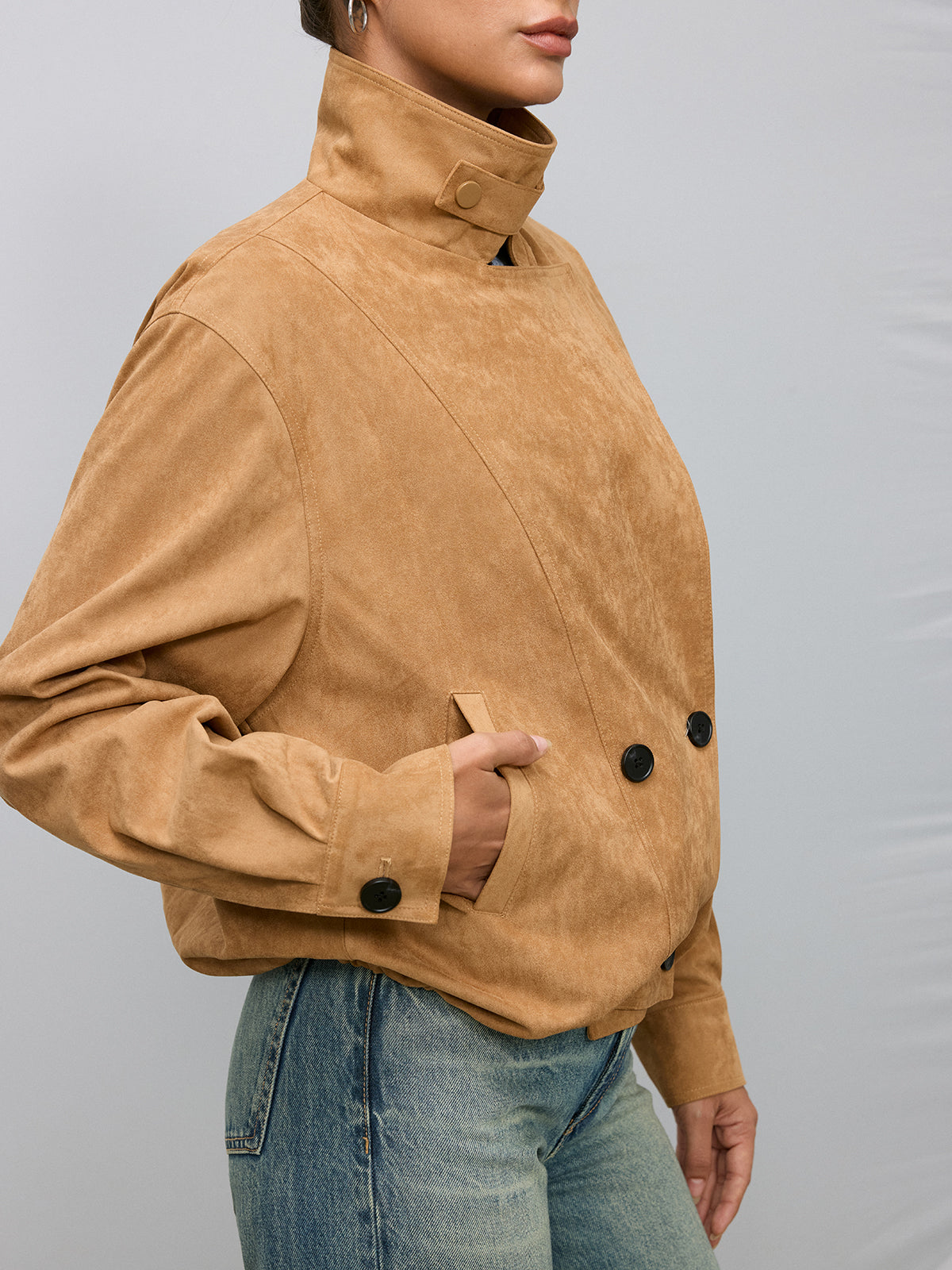 Double-Breasted Suede Effect Trench Coat-Chicvia