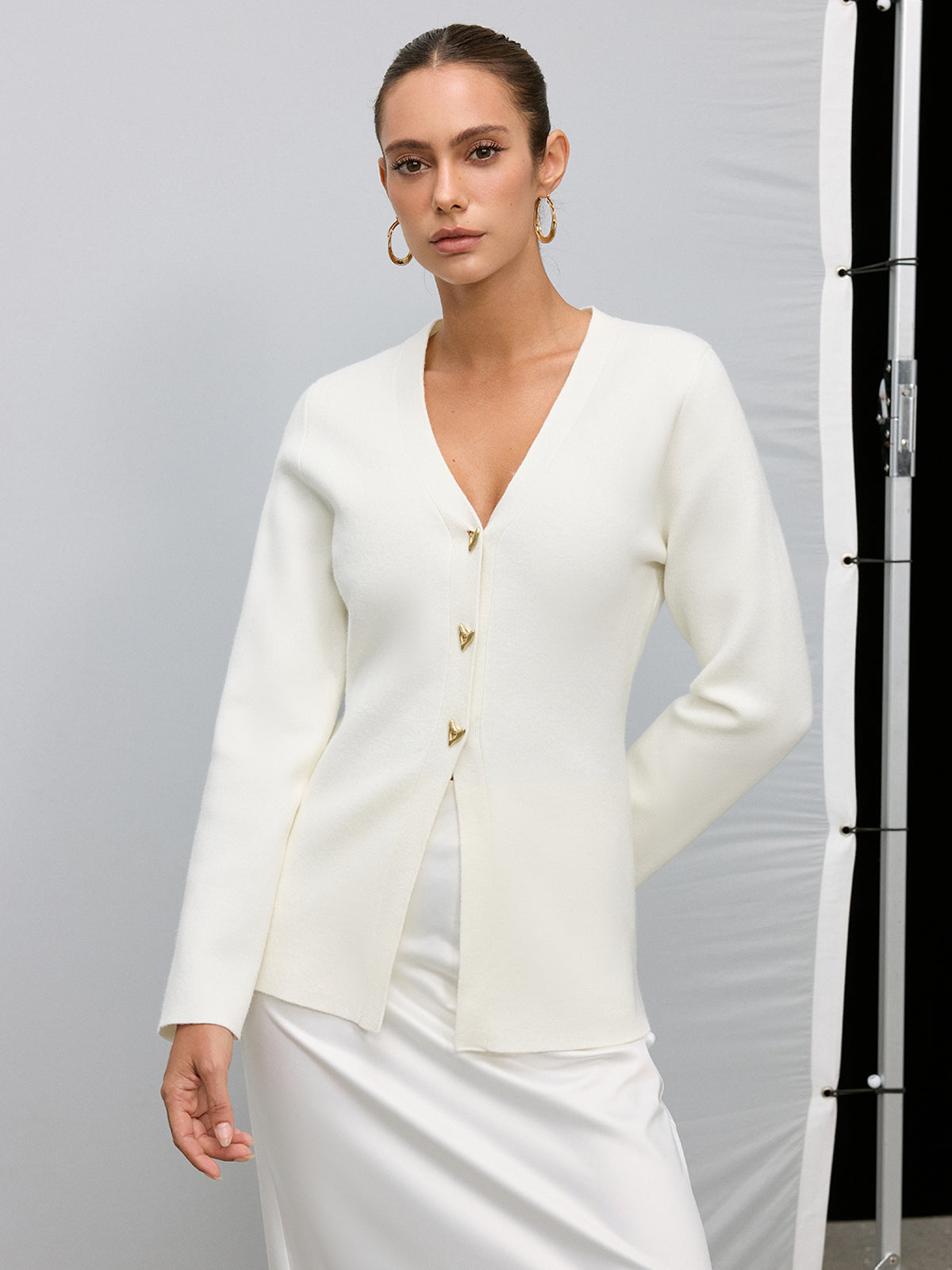 Metal Button V-Neck Knitted Cardigan-Chicvia