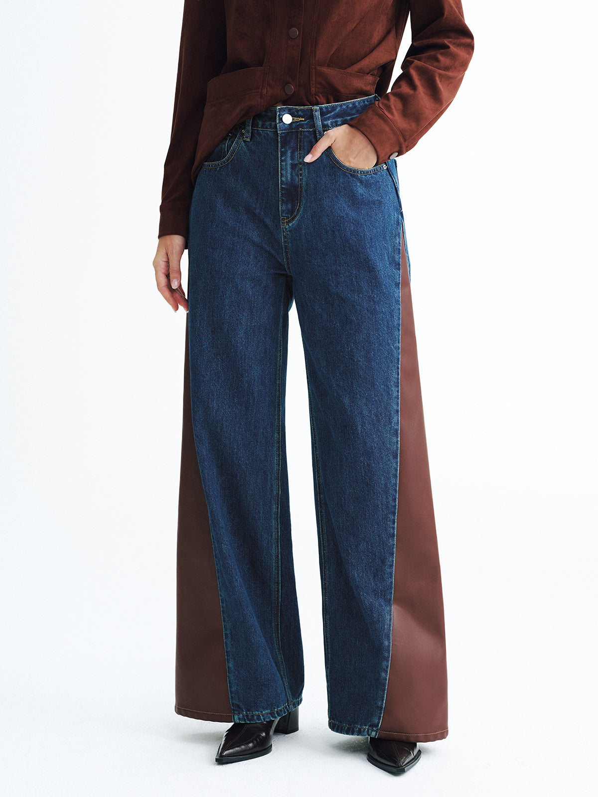 Contrast Panel Mid-Waist Denim Wide-Leg Jeans-Chicvia
