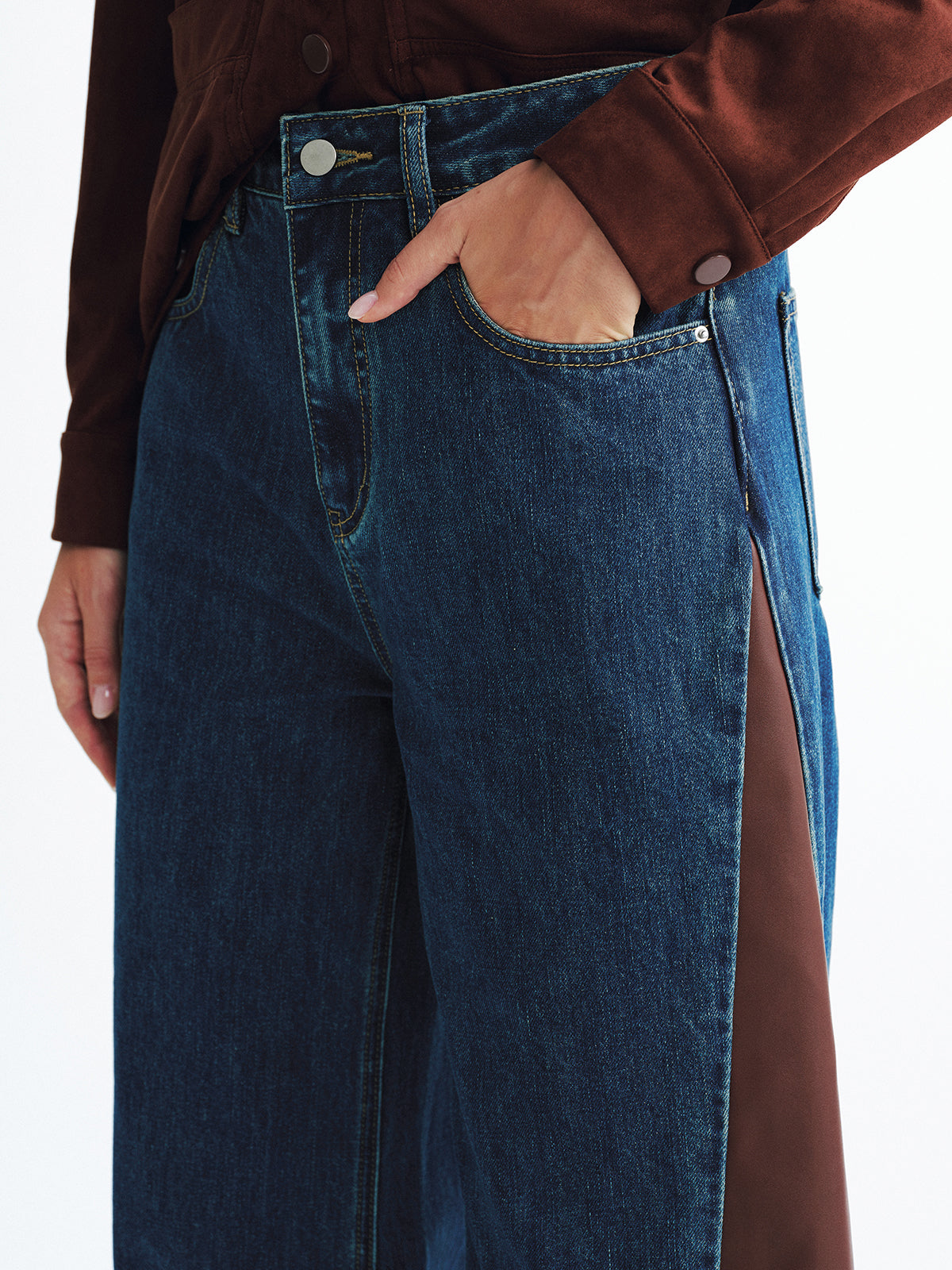 Contrast Panel Mid-Waist Denim Wide-Leg Jeans-Chicvia
