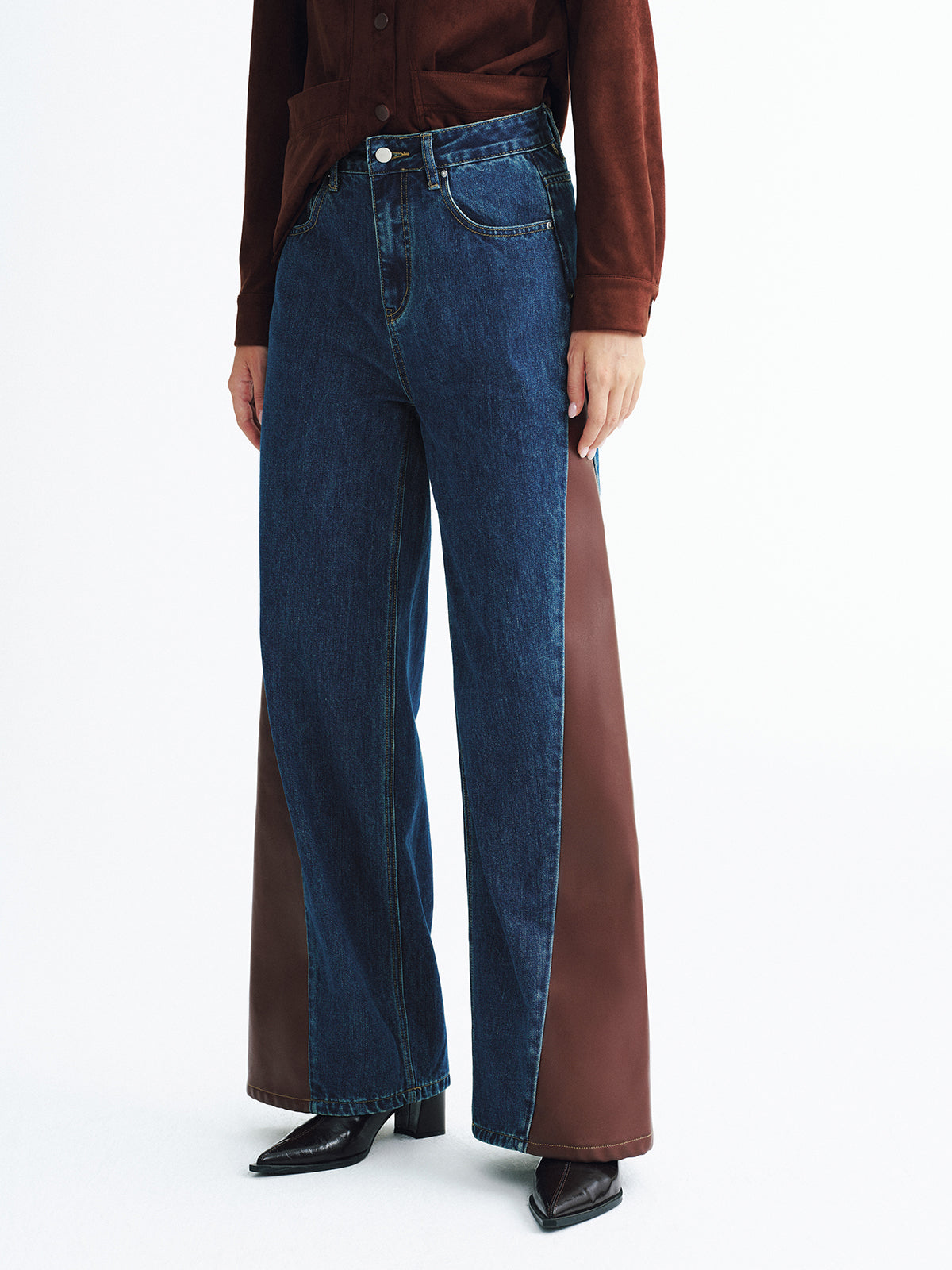 Contrast Panel Mid-Waist Denim Wide-Leg Jeans-Chicvia