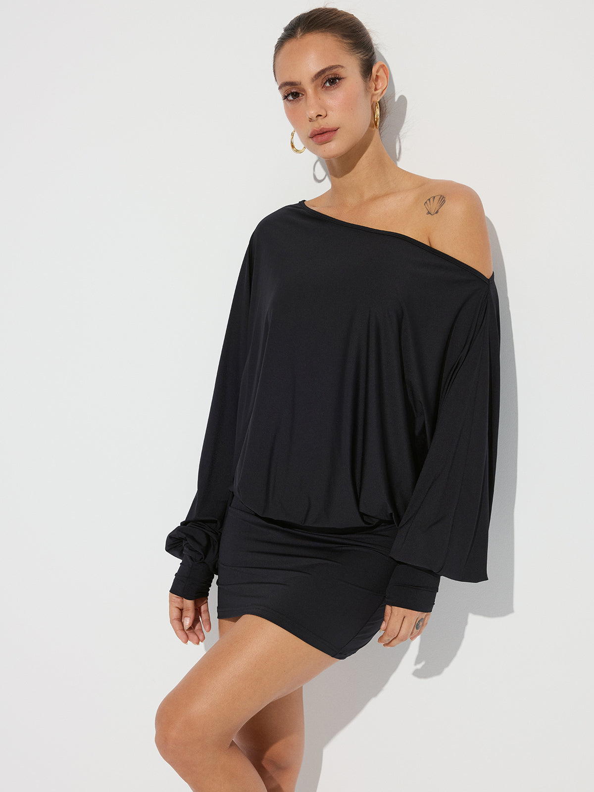One-Shoulder Ruched Long Sleeve Mini Dress-Chicvia