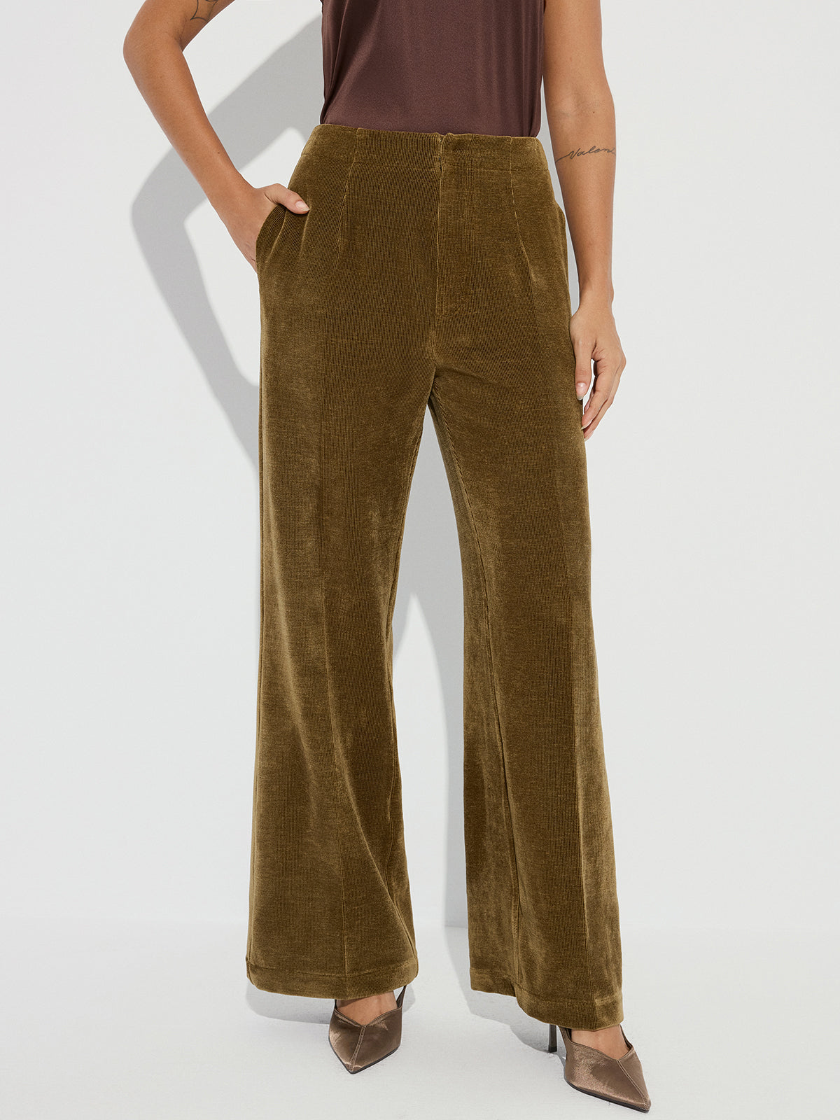 Mid-Waist Velvet Wide-Leg Pants-Chicvia