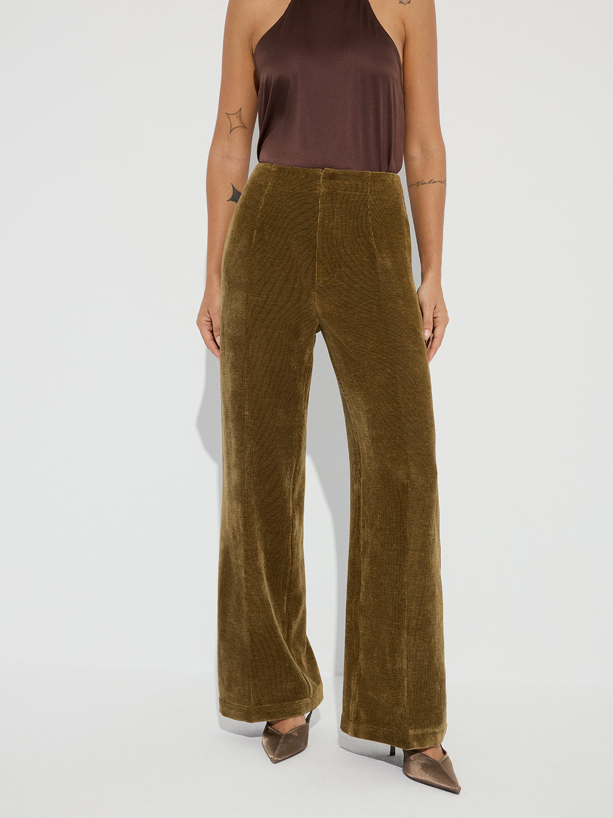 Mid-Waist Velvet Wide-Leg Pants-Chicvia