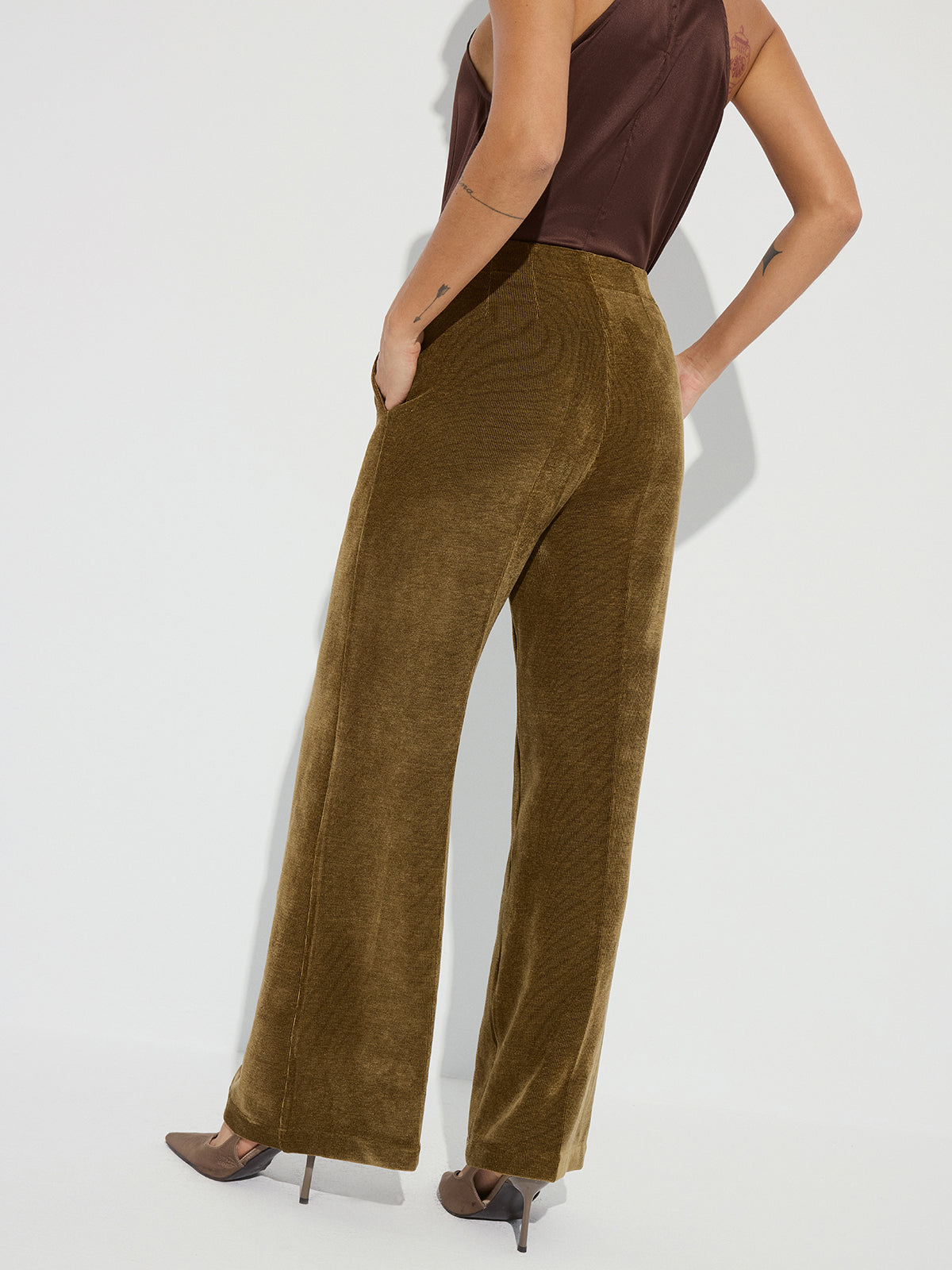 Mid-Waist Velvet Wide-Leg Pants-Chicvia