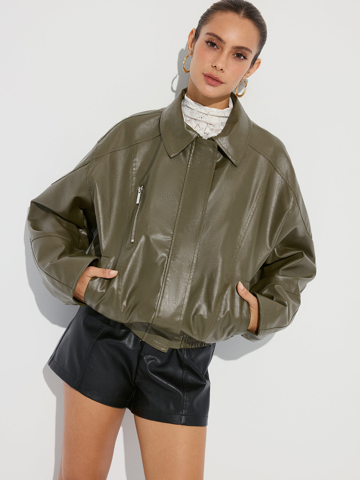 Collared Zipper PU Leather Jacket-Chicvia