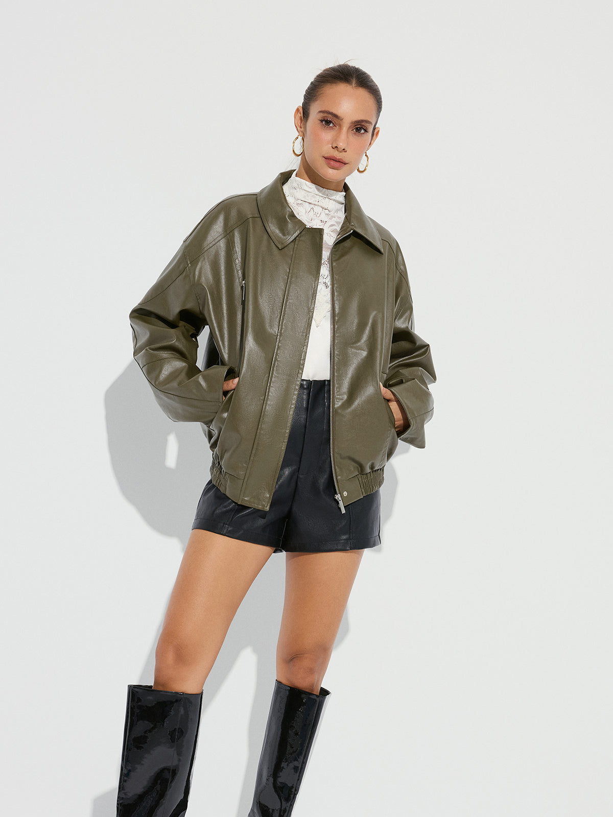 Collared Zipper PU Leather Jacket-Chicvia