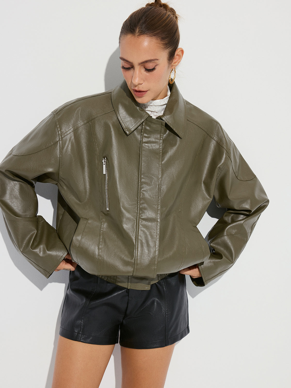 Collared Zipper PU Leather Jacket-Chicvia