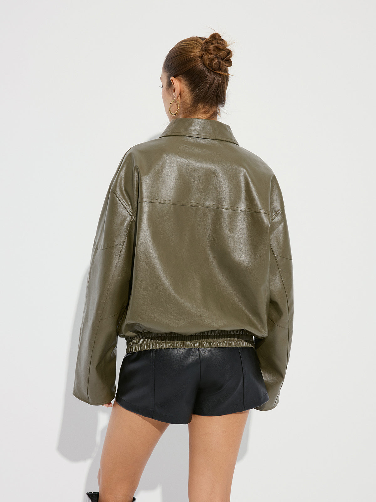 Collared Zipper PU Leather Jacket-Chicvia