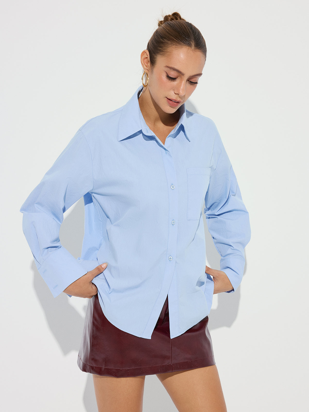Collared Casual Long Sleeve Button-Down Shirt-Chicvia