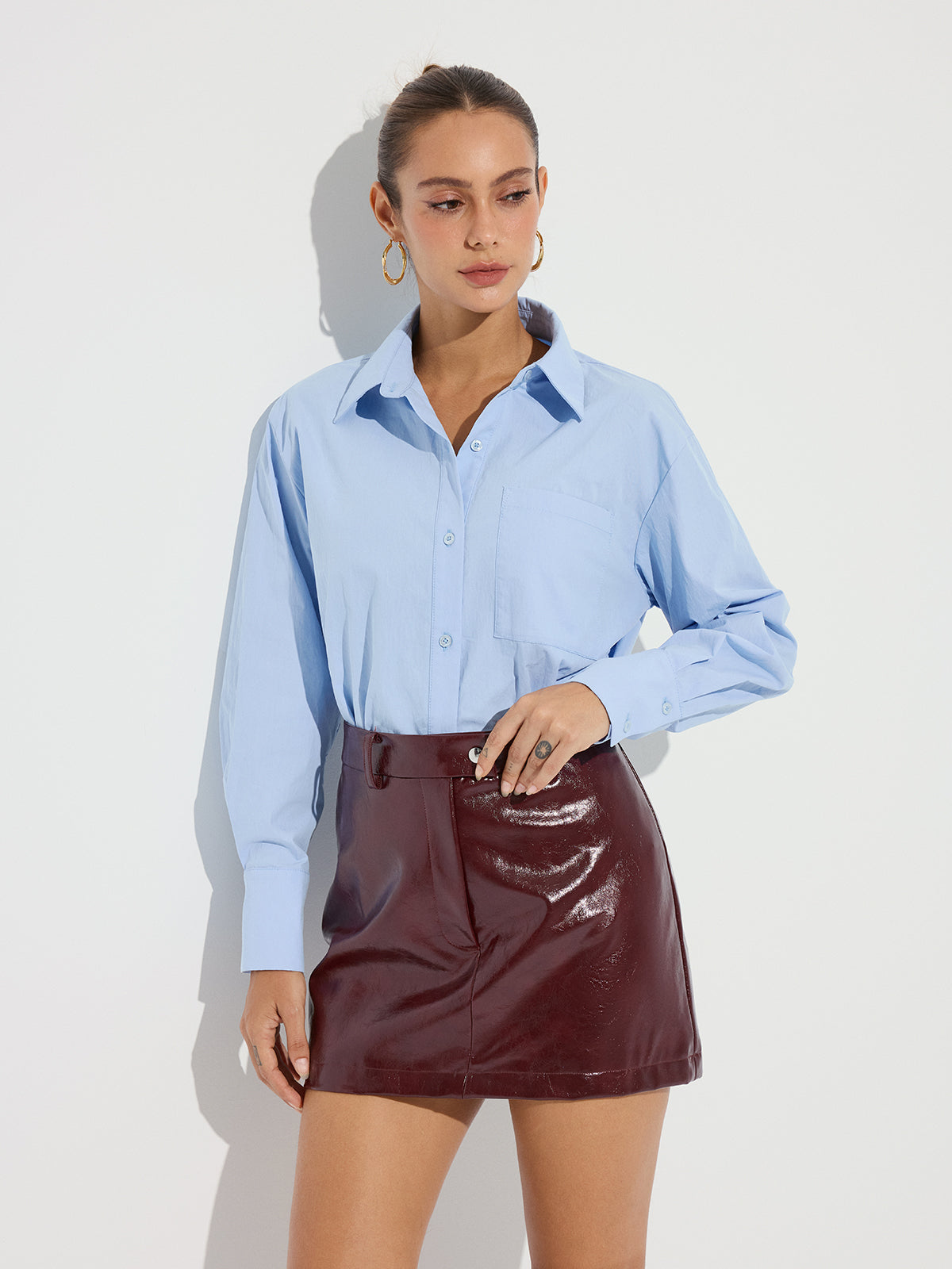 Collared Casual Long Sleeve Button-Down Shirt-Chicvia