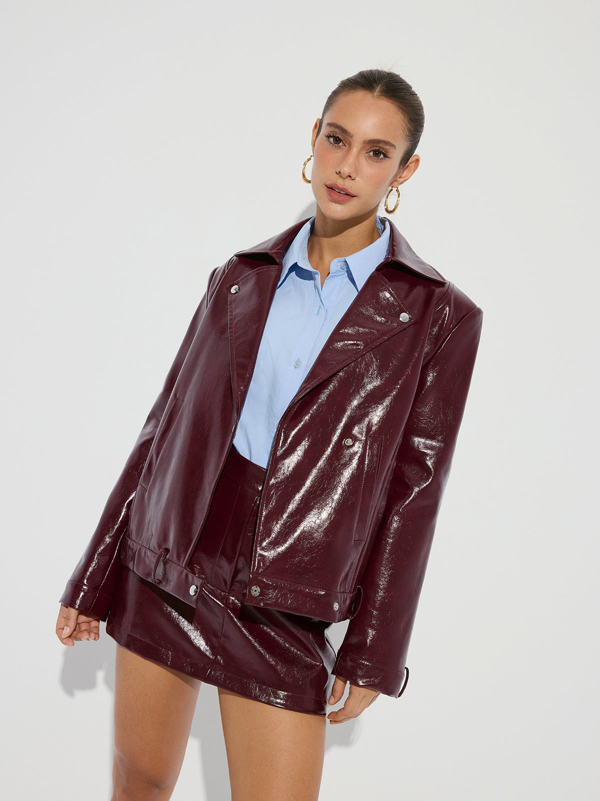 Lapel Faux Leather Jacket-Chicvia