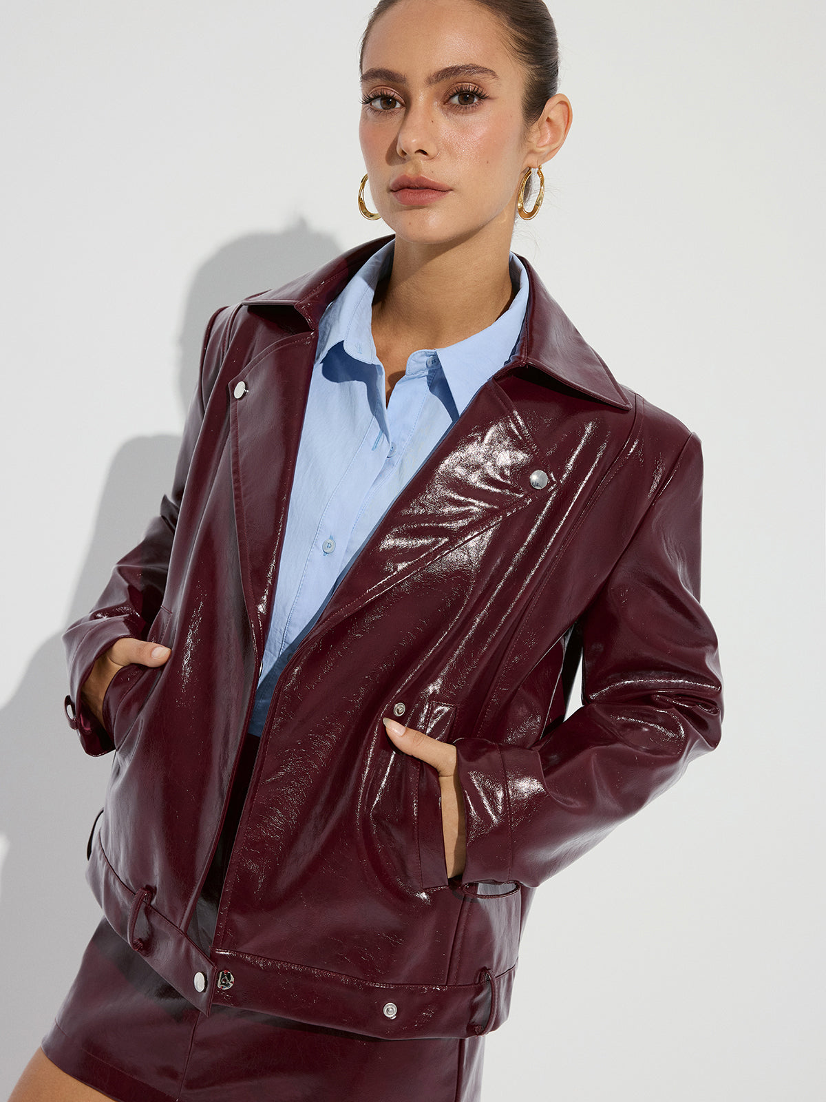 Lapel Faux Leather Jacket-Chicvia