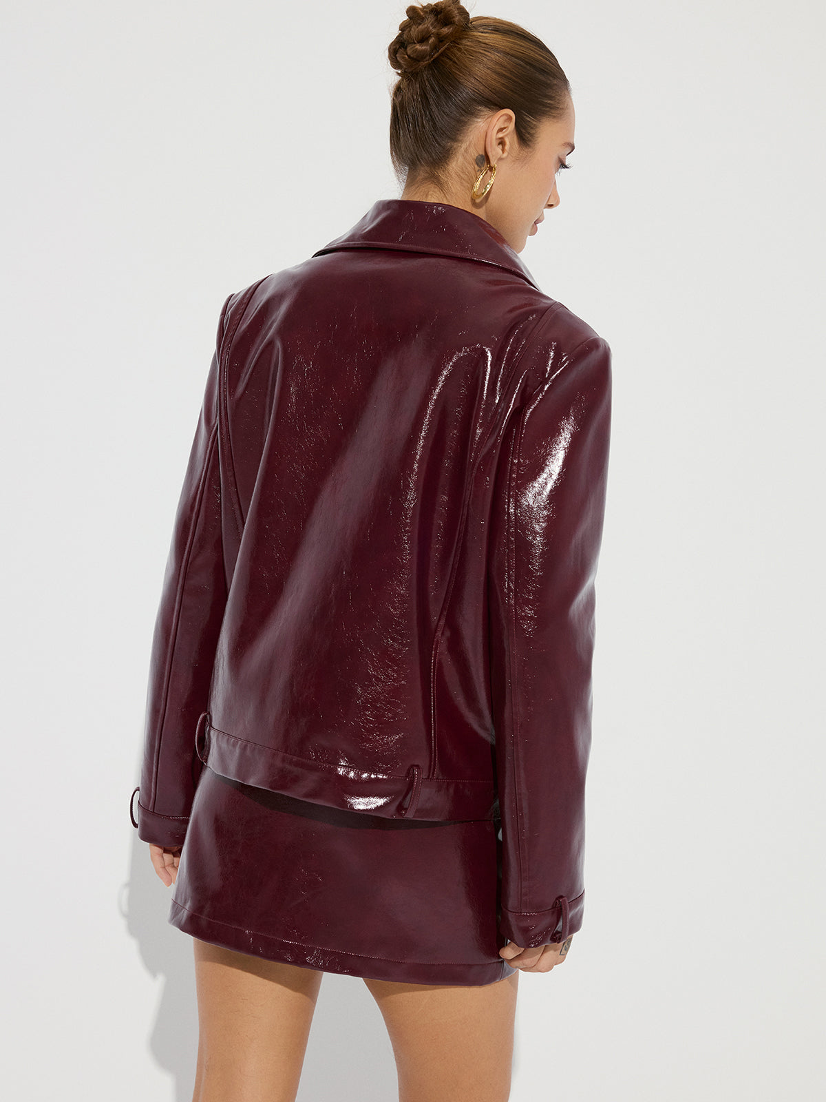 Lapel Faux Leather Jacket-Chicvia
