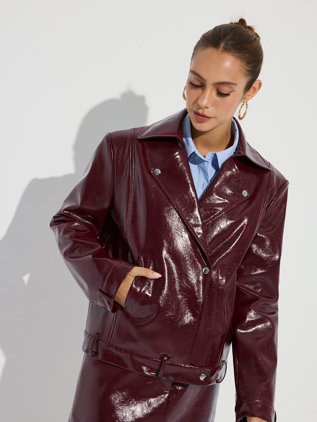 Lapel Faux Leather Jacket-Chicvia