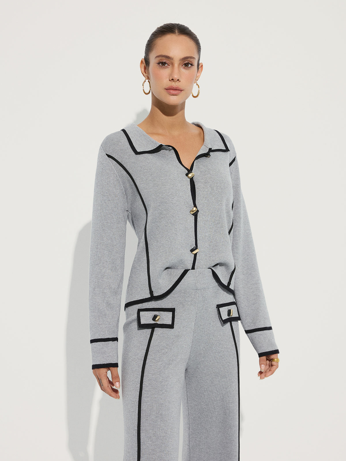 Contrast Piping Cotton Knit Co-ord Set-Chicvia