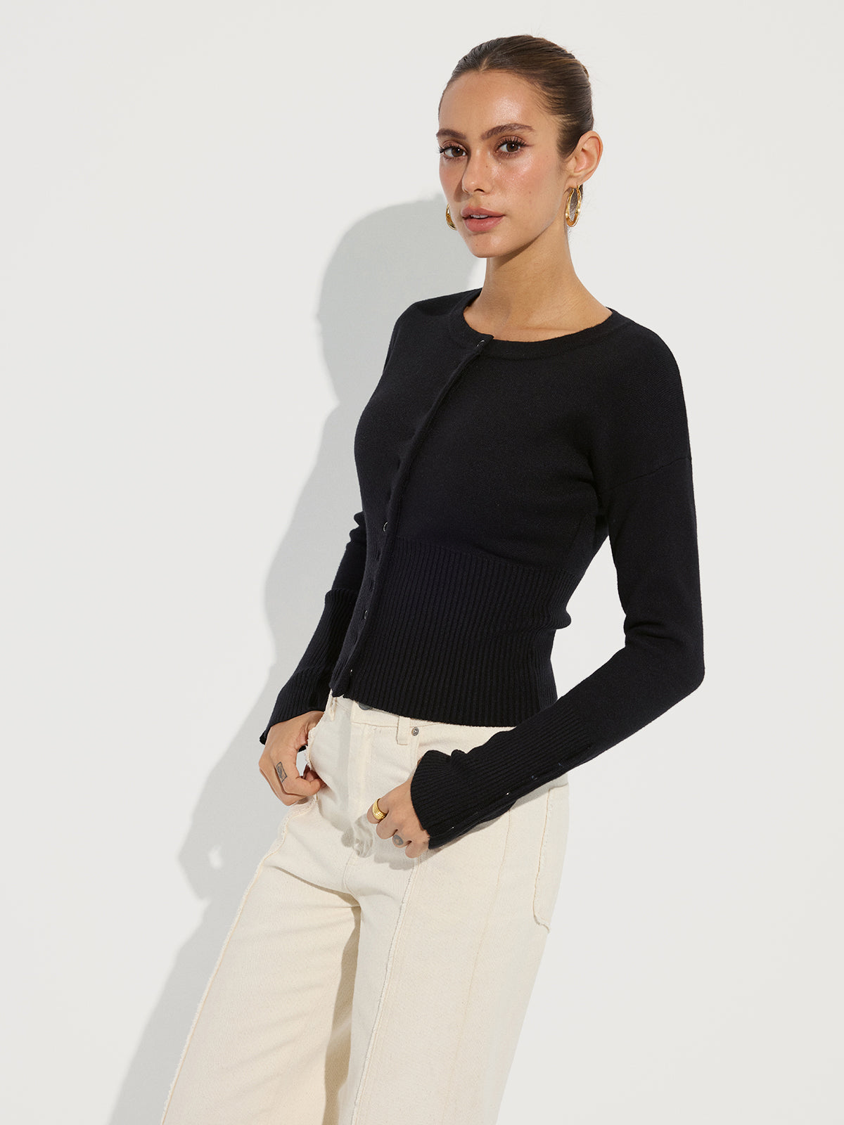 Cinched Waist Crew Neck Knit Cardigan-Chicvia