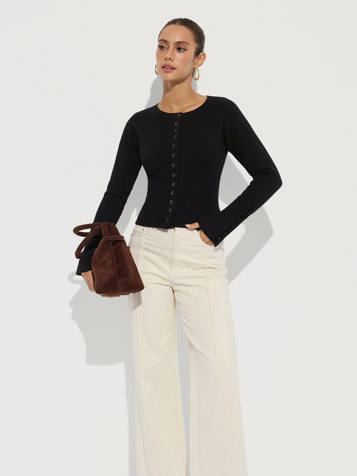 Cinched Waist Crew Neck Knit Cardigan-Chicvia