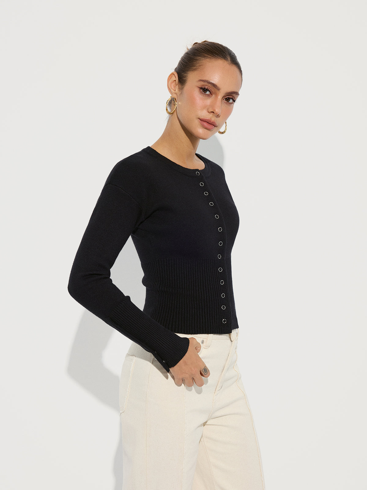 Cinched Waist Crew Neck Knit Cardigan-Chicvia