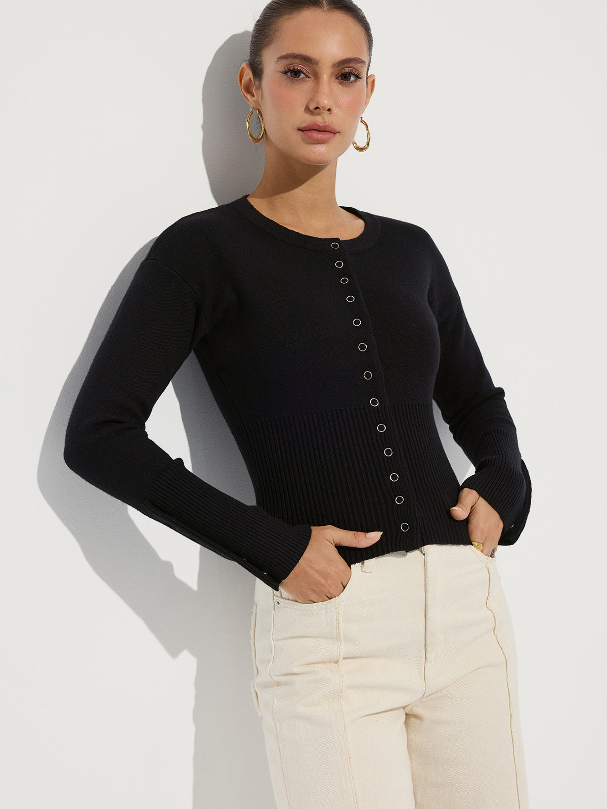 Cinched Waist Crew Neck Knit Cardigan-Chicvia
