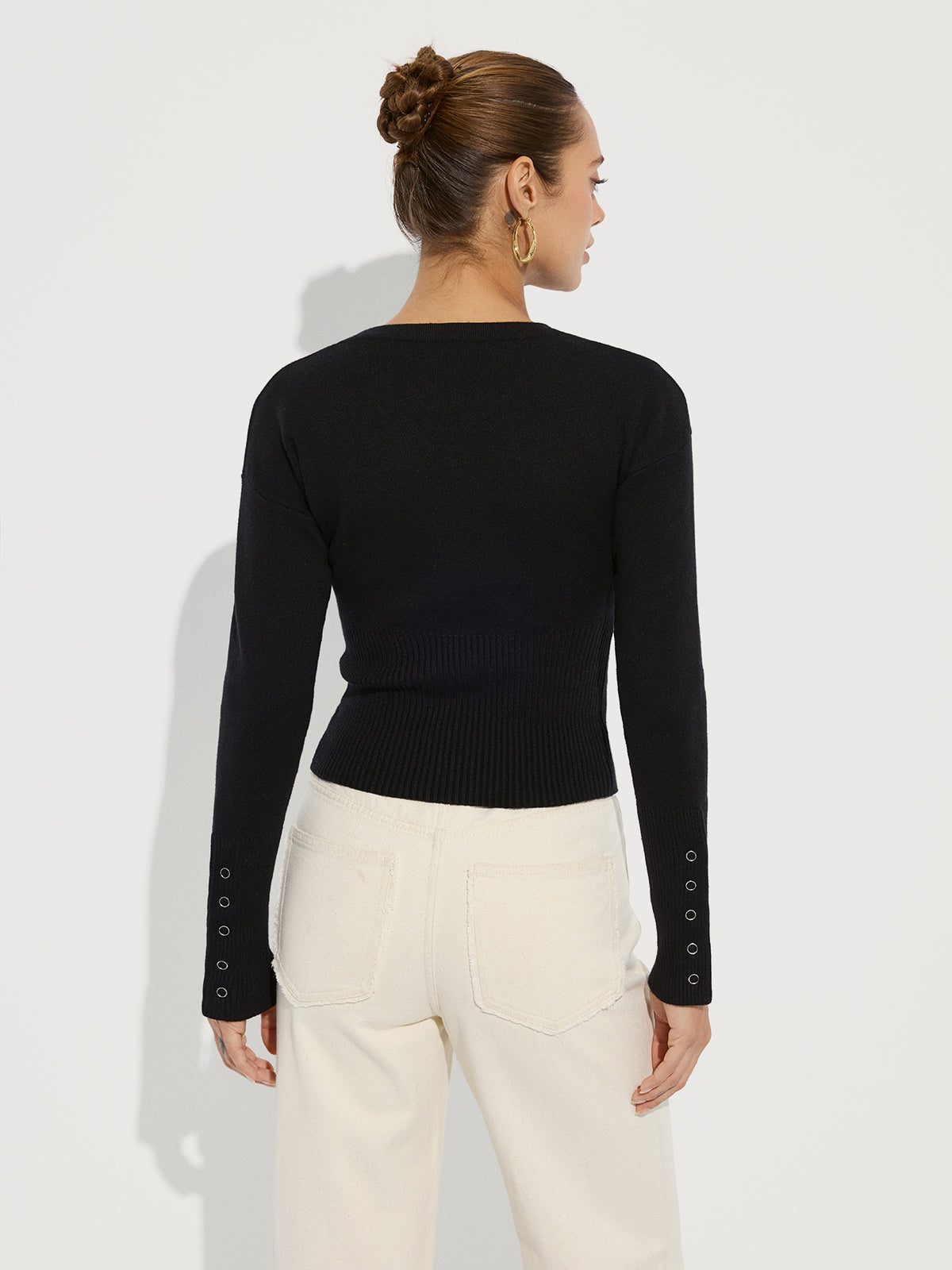 Cinched Waist Crew Neck Knit Cardigan-Chicvia