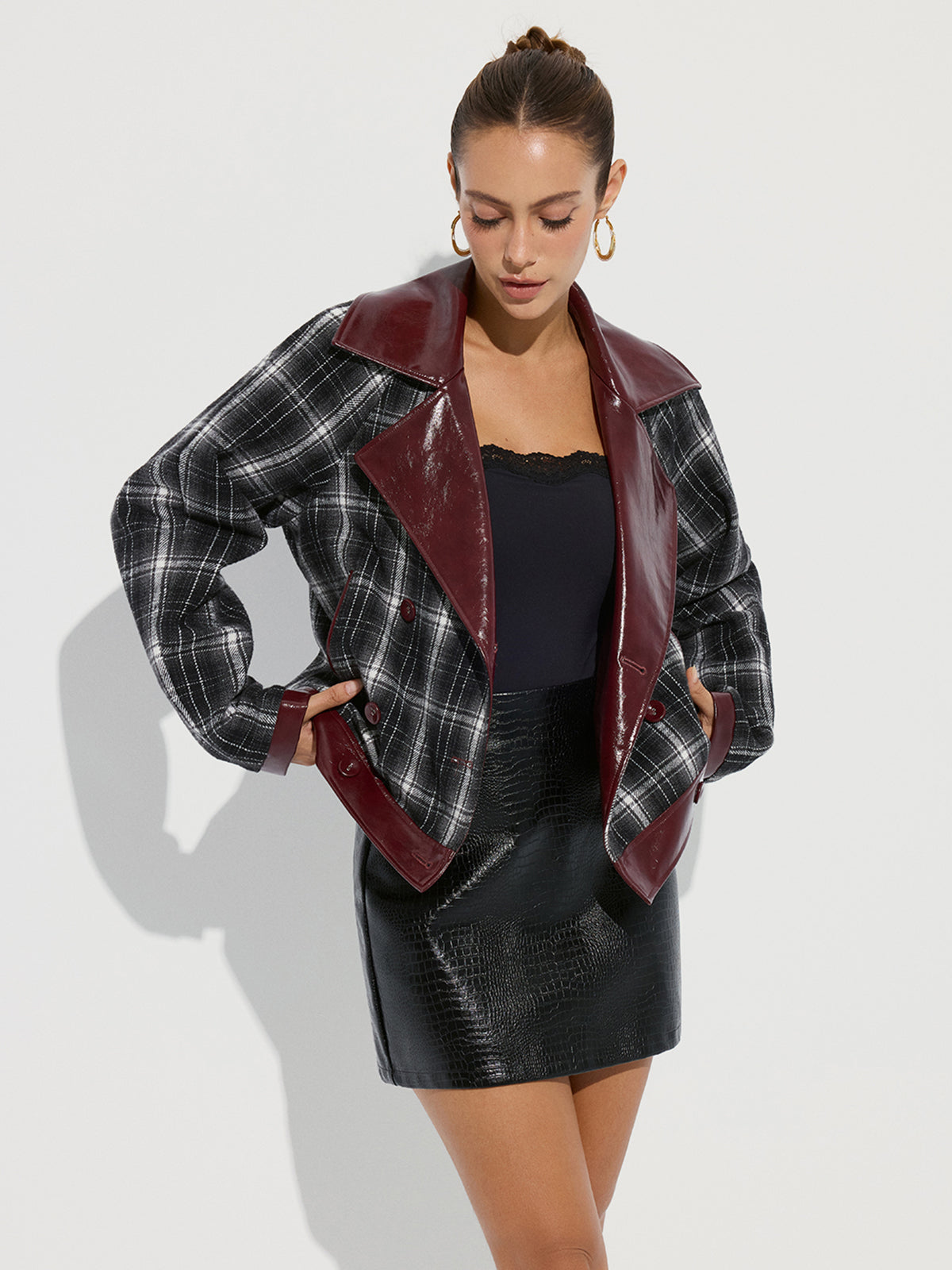 Faux Leather Panel Plaid Short Coat-Chicvia
