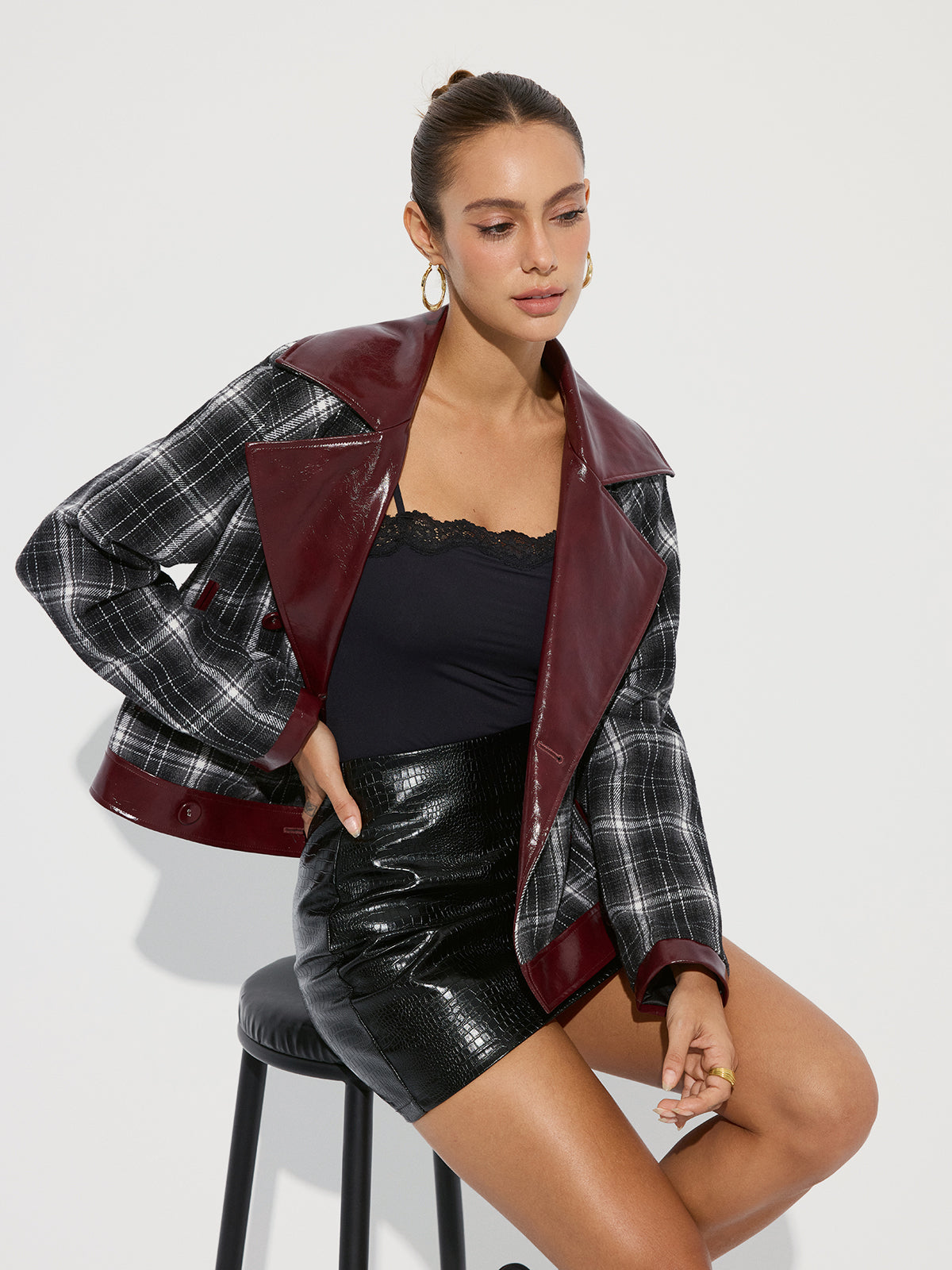 Faux Leather Panel Plaid Short Coat-Chicvia