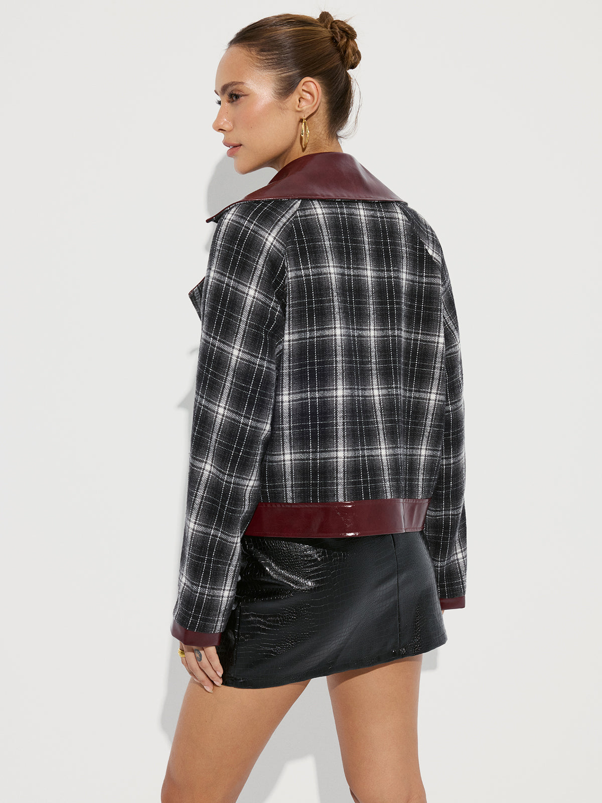 Faux Leather Panel Plaid Short Coat-Chicvia