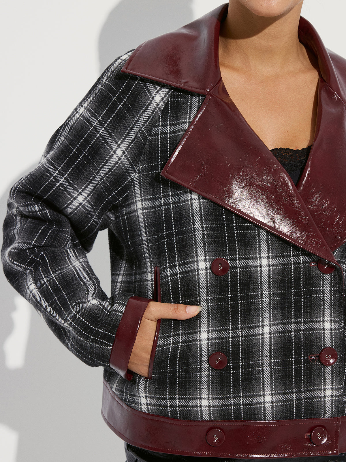 Faux Leather Panel Plaid Short Coat-Chicvia