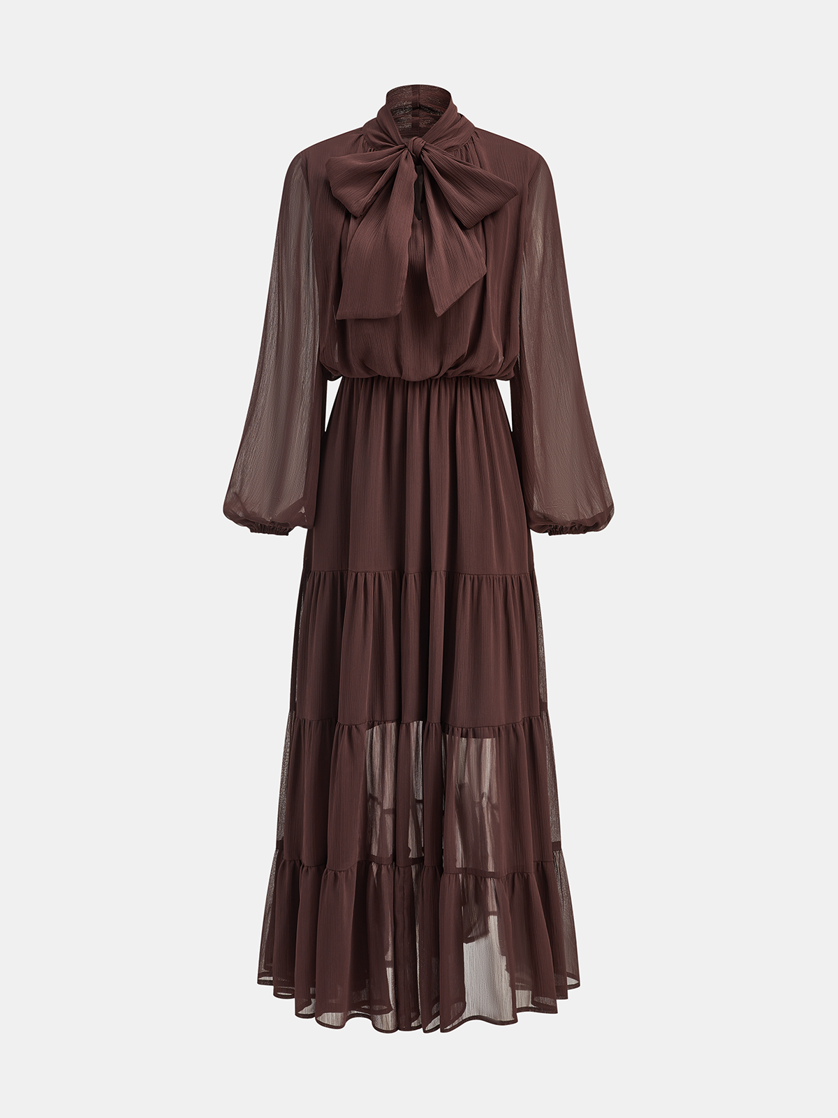 Chiffon Bow Long Sleeve Maxi Dress-Chicvia
