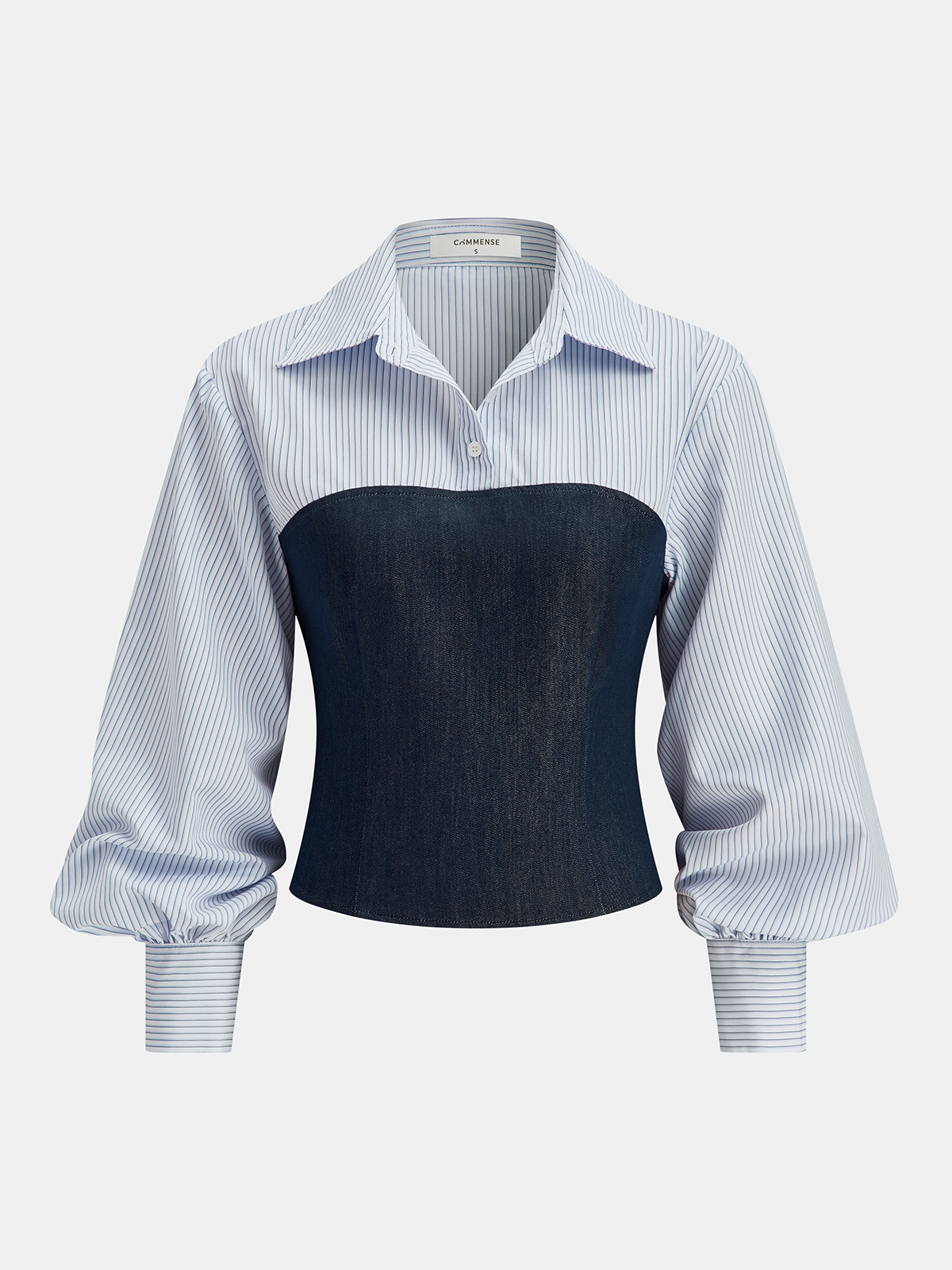 Denim Panel Striped Shirt-Chicvia