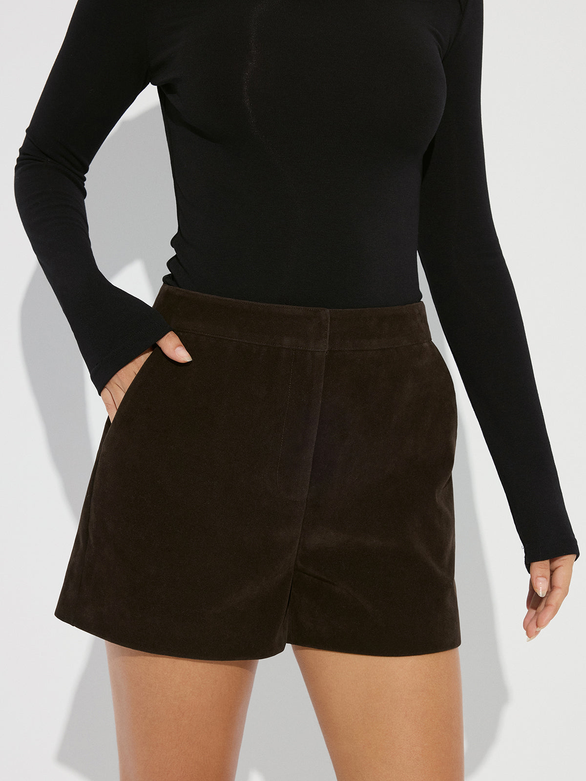 Mid-Waist Suede Effect Shorts-Chicvia