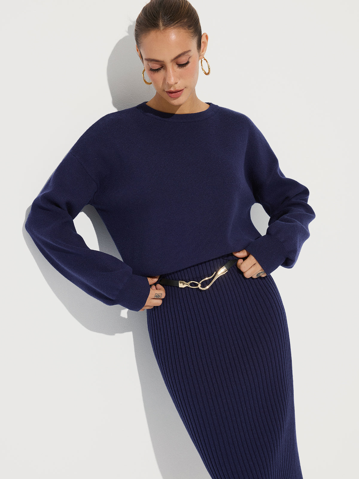 Crew Neck Knit Sweater and Ribbed Midi Skirt-Chicvia