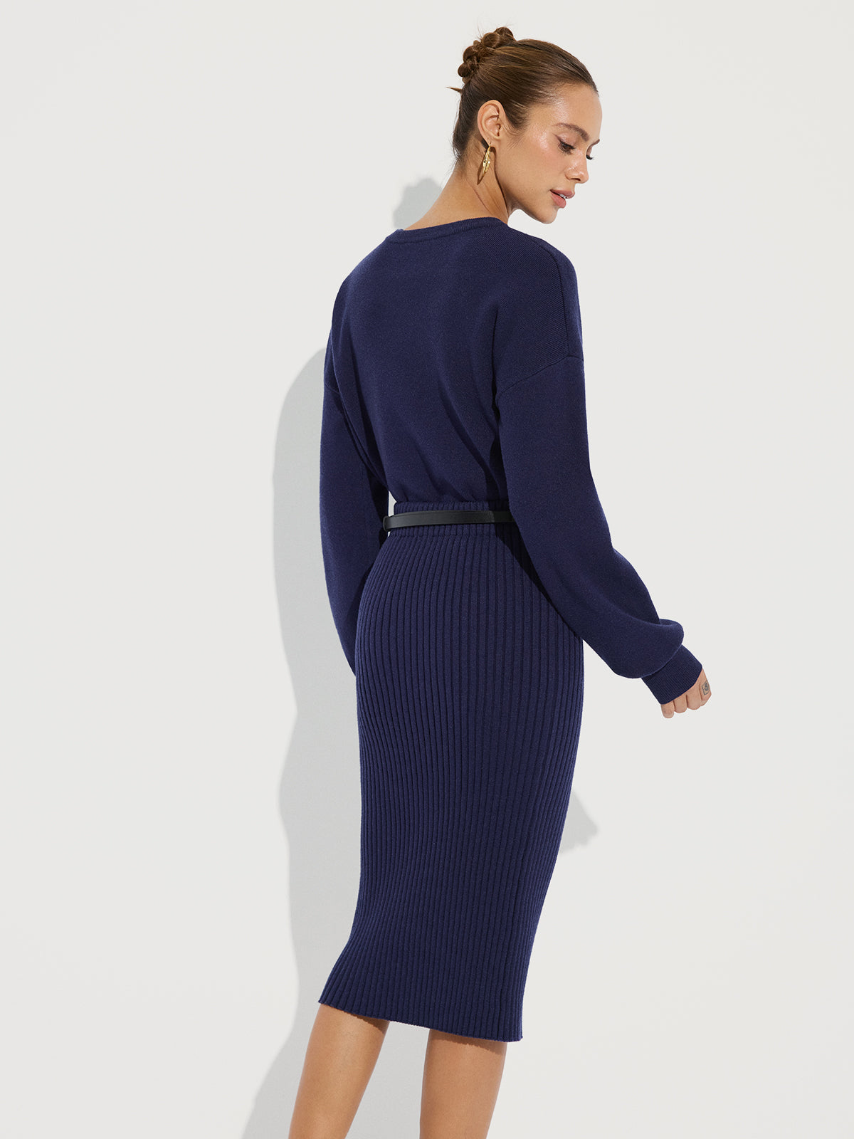 Crew Neck Knit Sweater and Ribbed Midi Skirt-Chicvia