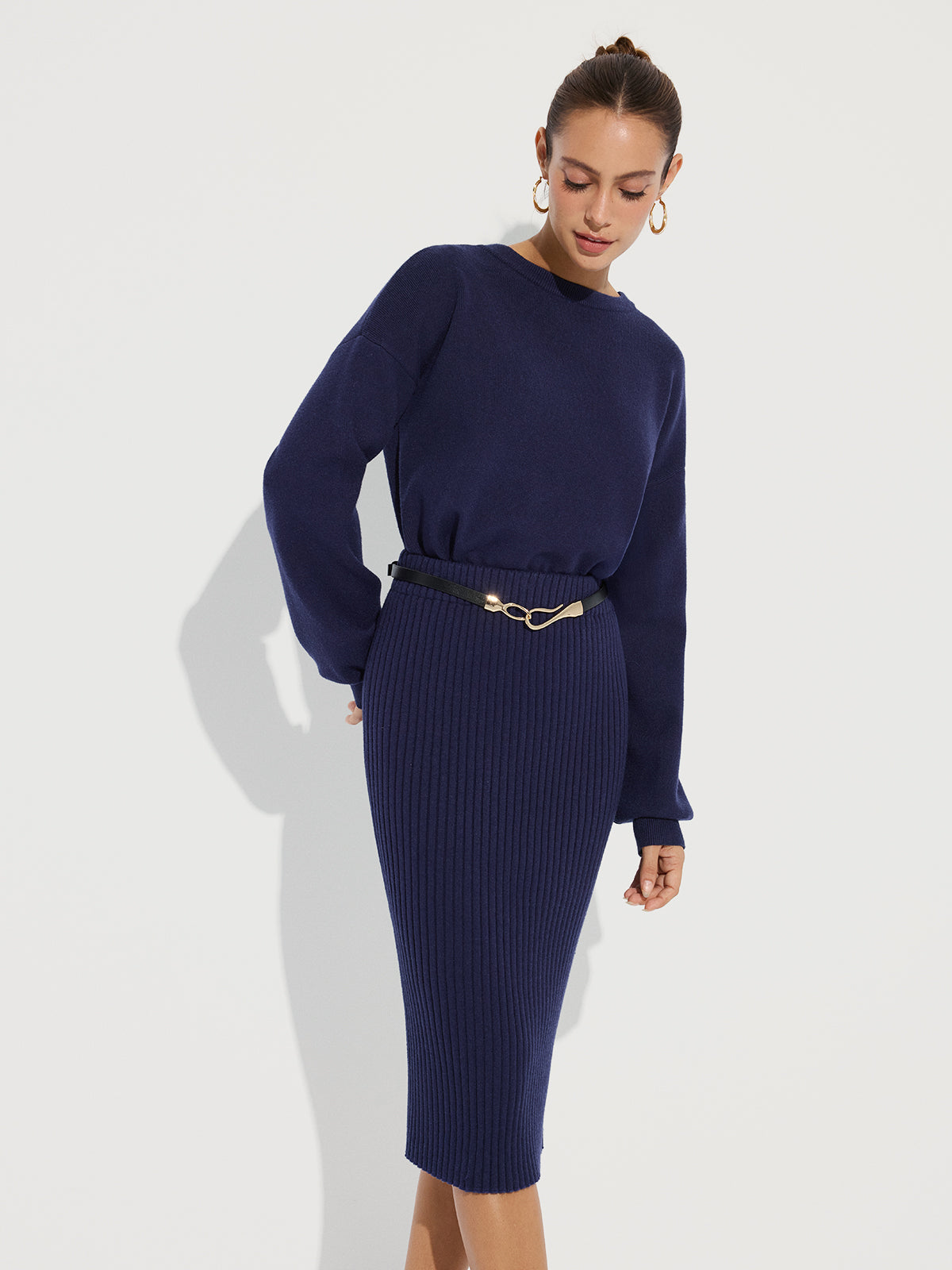 Crew Neck Knit Sweater and Ribbed Midi Skirt-Chicvia