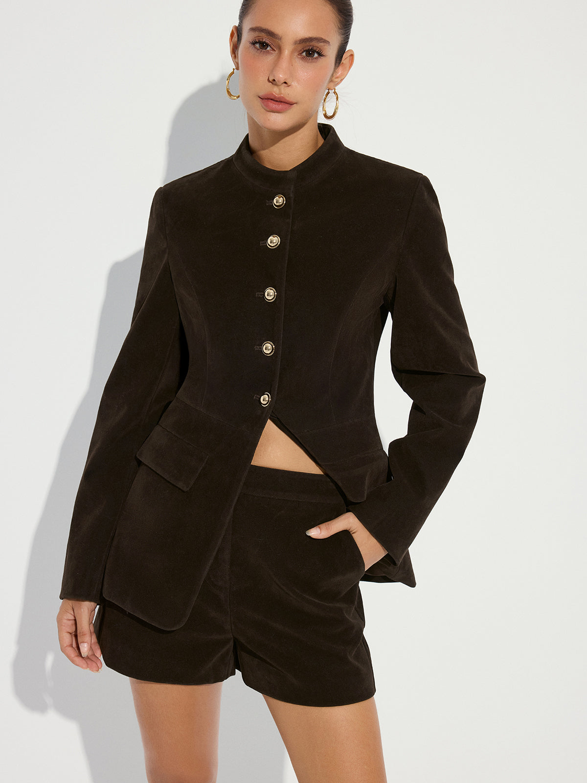 Metal Button Suede Effect Blazer-Chicvia
