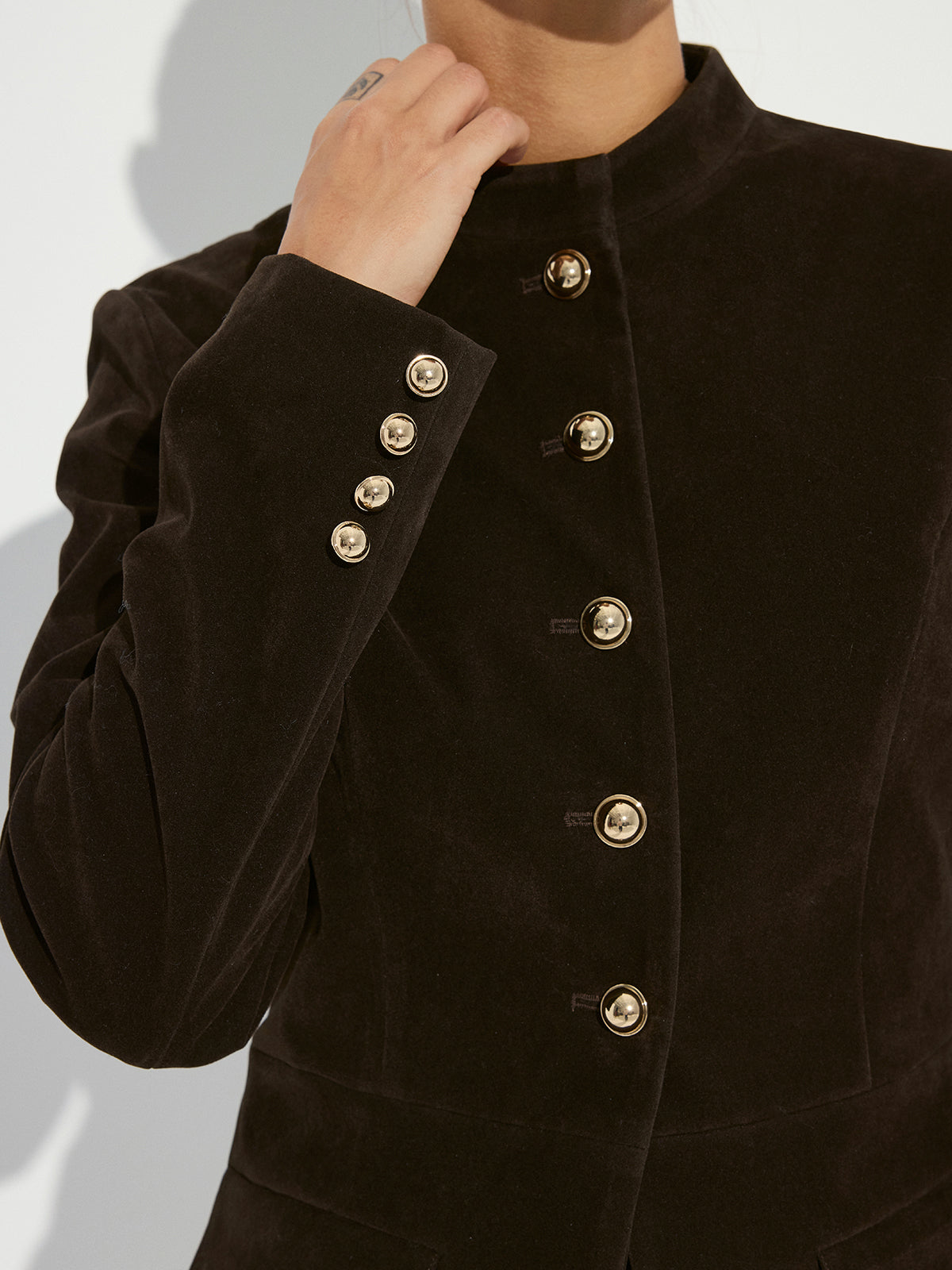 Metal Button Suede Effect Blazer-Chicvia