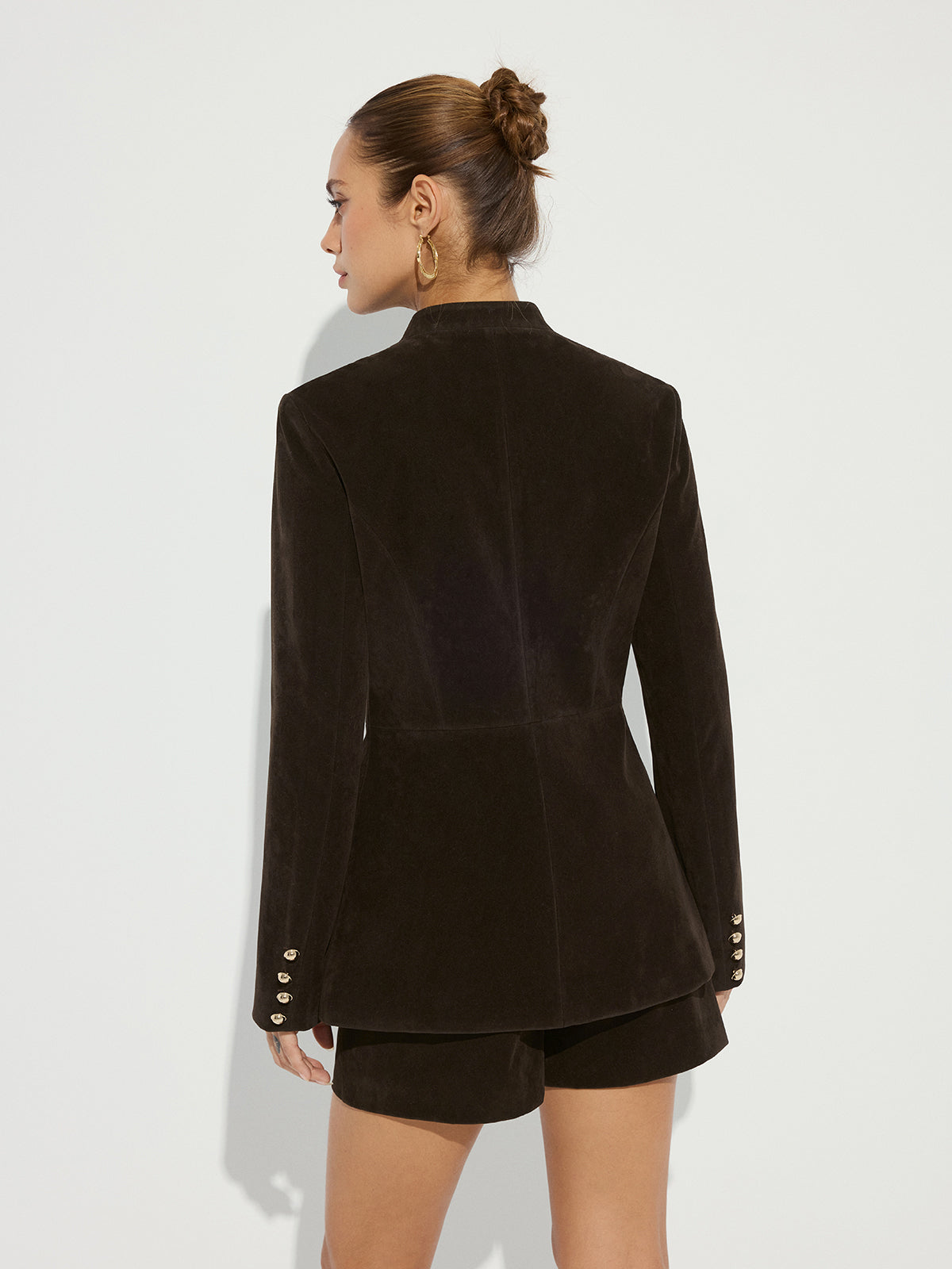 Metal Button Suede Effect Blazer-Chicvia