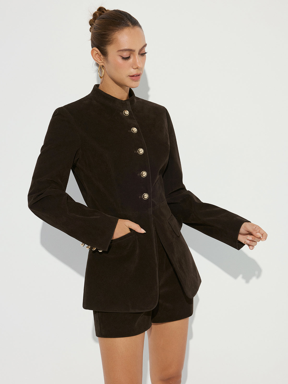 Metal Button Suede Effect Blazer-Chicvia